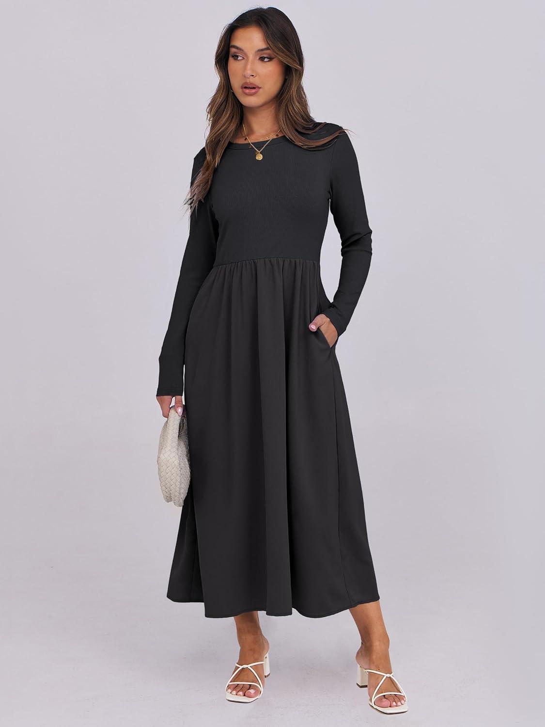 imageANRABESS Long Sleeve Midi Dresses for Women 2025 Fall Fashion Casual Rib Knit Patchwork Tight Top Modest Flowy Dress PocketBlack