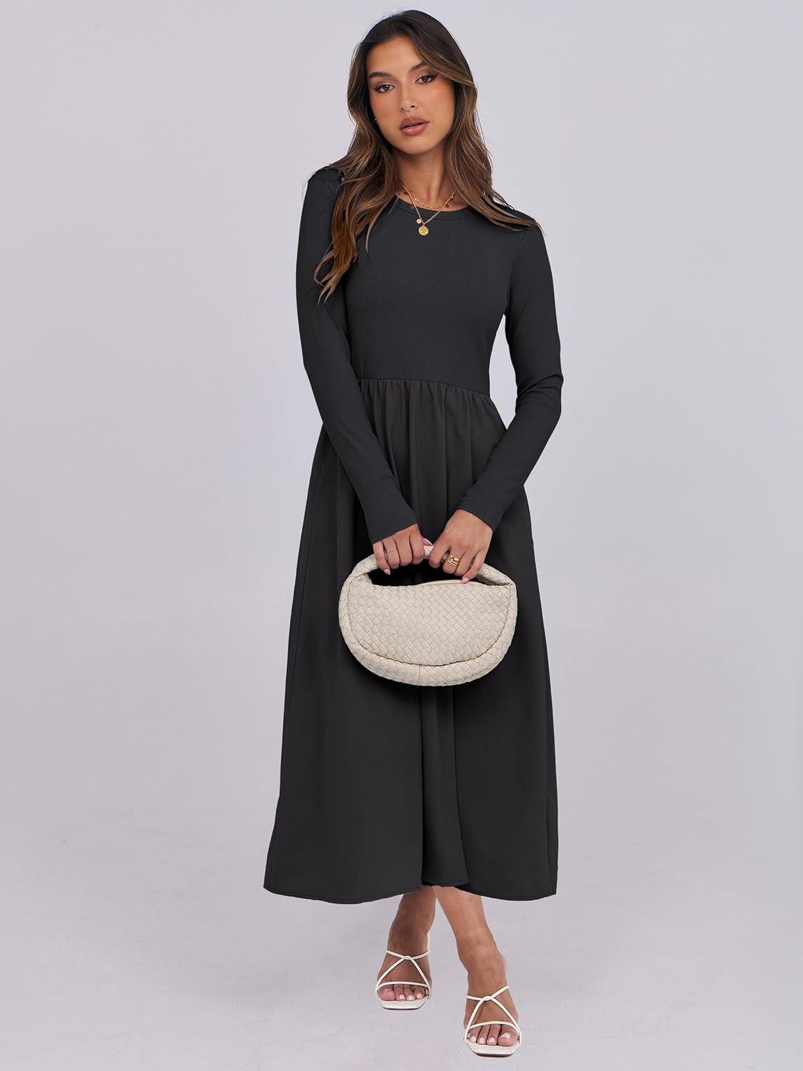 imageANRABESS Long Sleeve Midi Dresses for Women 2025 Fall Fashion Casual Rib Knit Patchwork Tight Top Modest Flowy Dress PocketBlack