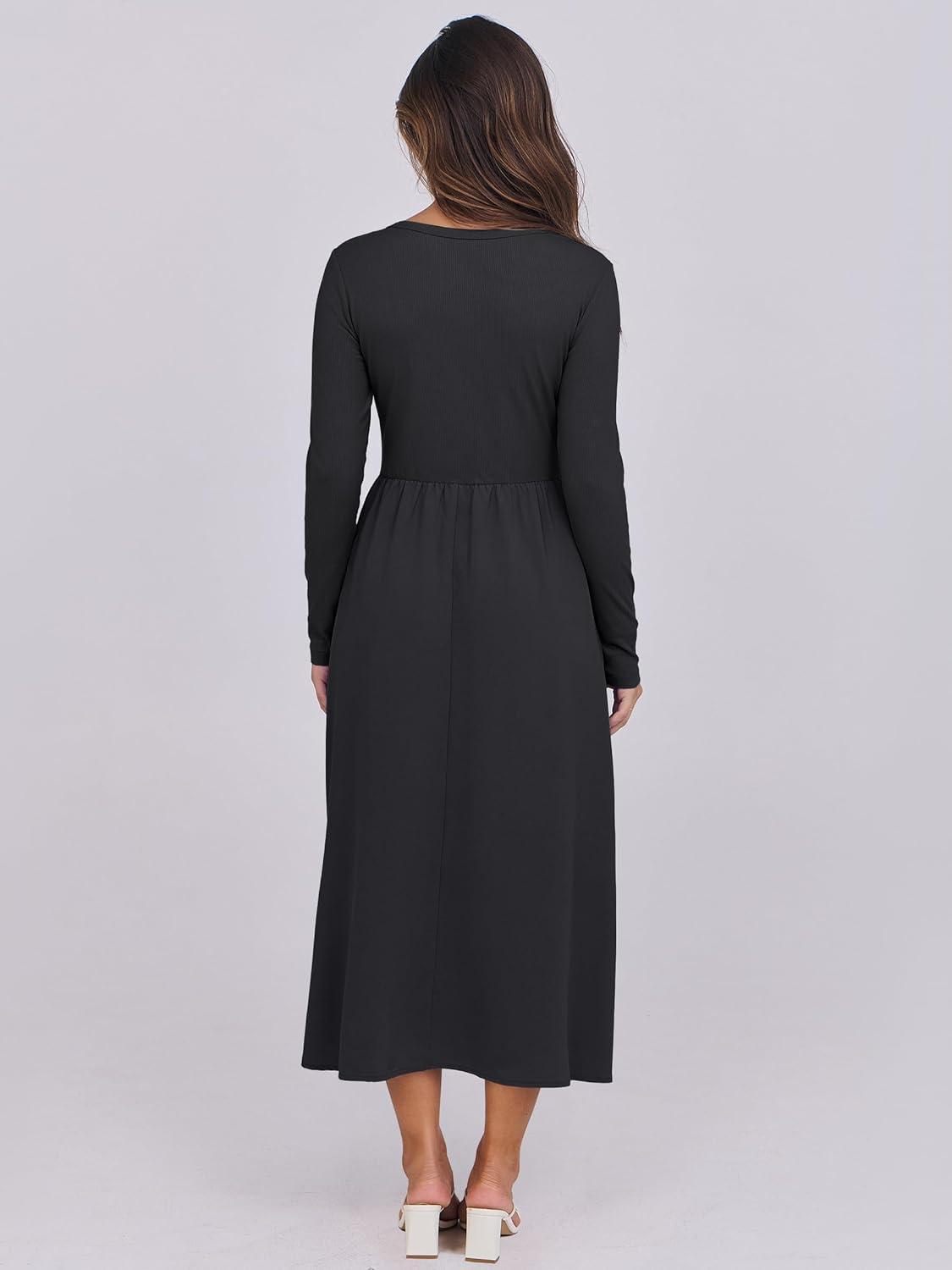 imageANRABESS Long Sleeve Midi Dresses for Women 2025 Fall Fashion Casual Rib Knit Patchwork Tight Top Modest Flowy Dress PocketBlack