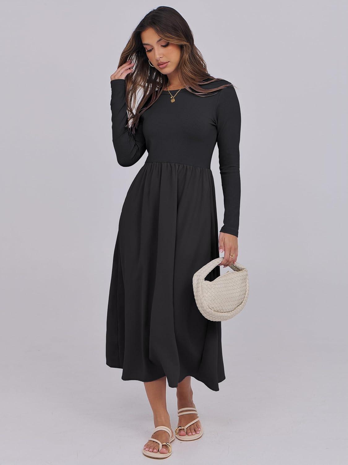 imageANRABESS Long Sleeve Midi Dresses for Women 2025 Fall Fashion Casual Rib Knit Patchwork Tight Top Modest Flowy Dress PocketBlack