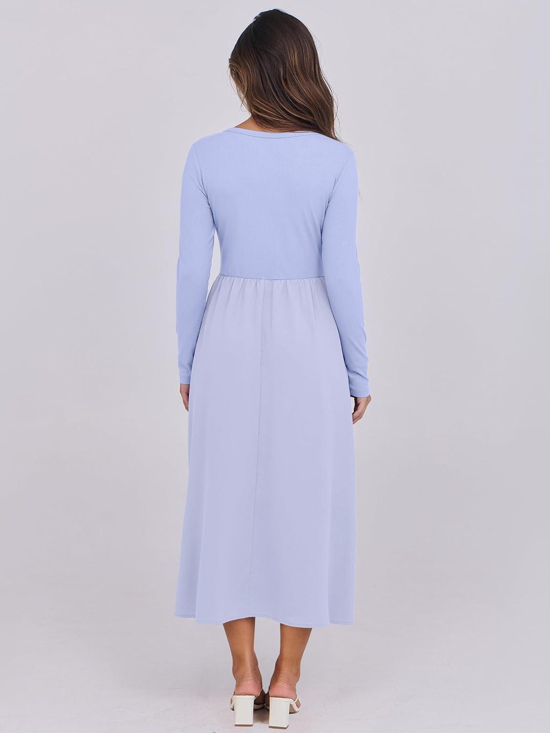 imageANRABESS Long Sleeve Midi Dresses for Women 2025 Fall Fashion Casual Rib Knit Patchwork Tight Top Modest Flowy Dress PocketLight Blue