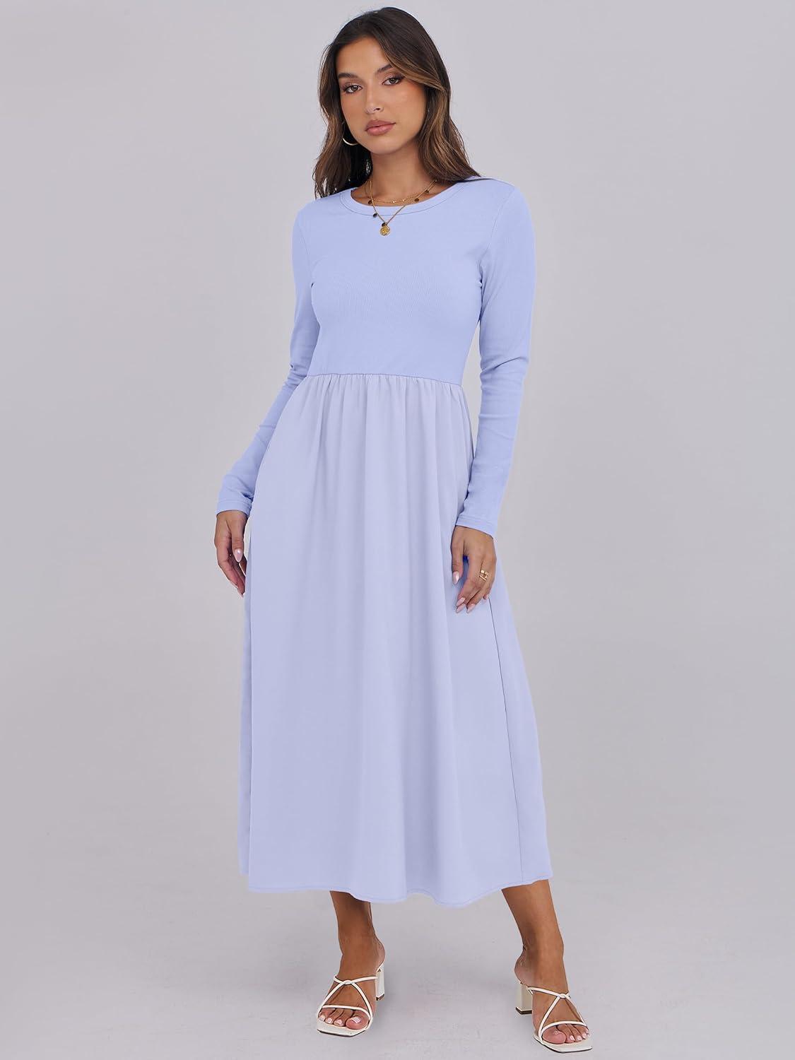 imageANRABESS Long Sleeve Midi Dresses for Women 2025 Fall Fashion Casual Rib Knit Patchwork Tight Top Modest Flowy Dress PocketLight Blue