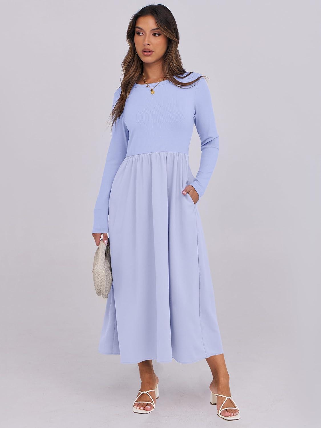 imageANRABESS Long Sleeve Midi Dresses for Women 2025 Fall Fashion Casual Rib Knit Patchwork Tight Top Modest Flowy Dress PocketLight Blue