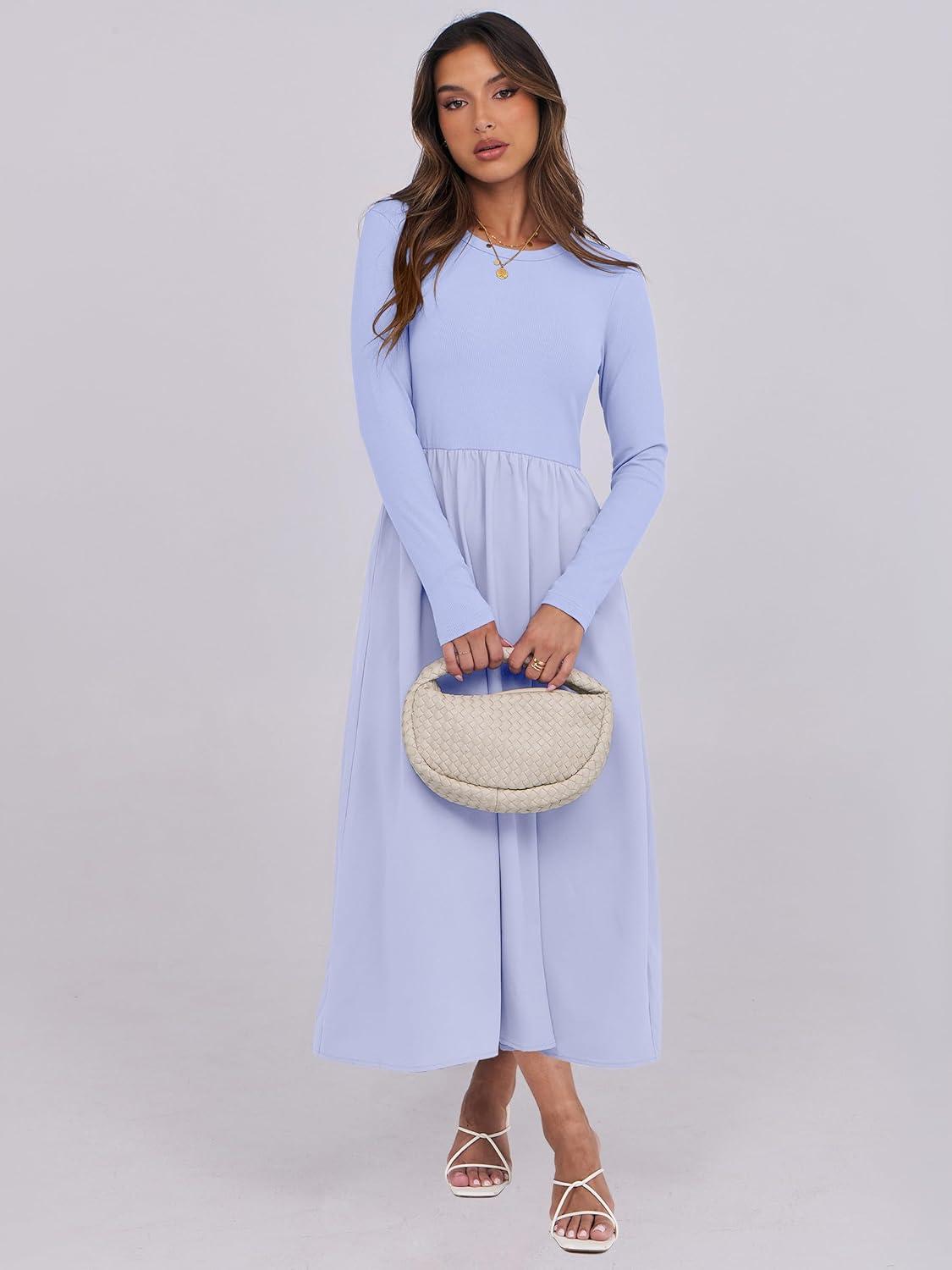 imageANRABESS Long Sleeve Midi Dresses for Women 2025 Fall Fashion Casual Rib Knit Patchwork Tight Top Modest Flowy Dress PocketLight Blue