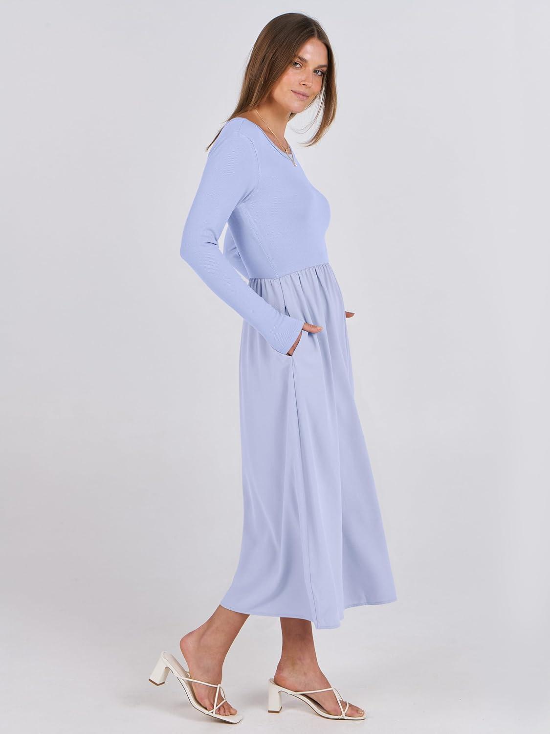imageANRABESS Long Sleeve Midi Dresses for Women 2025 Fall Fashion Casual Rib Knit Patchwork Tight Top Modest Flowy Dress PocketLight Blue