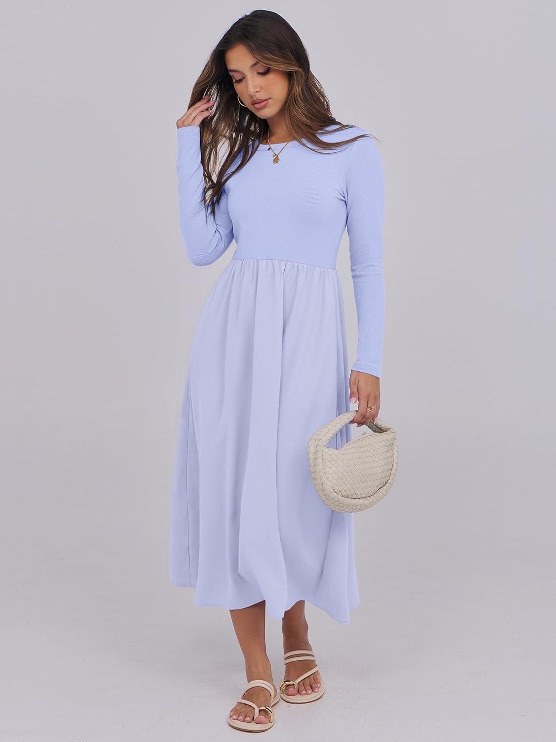 imageANRABESS Long Sleeve Midi Dresses for Women 2025 Fall Fashion Casual Rib Knit Patchwork Tight Top Modest Flowy Dress PocketLight Blue