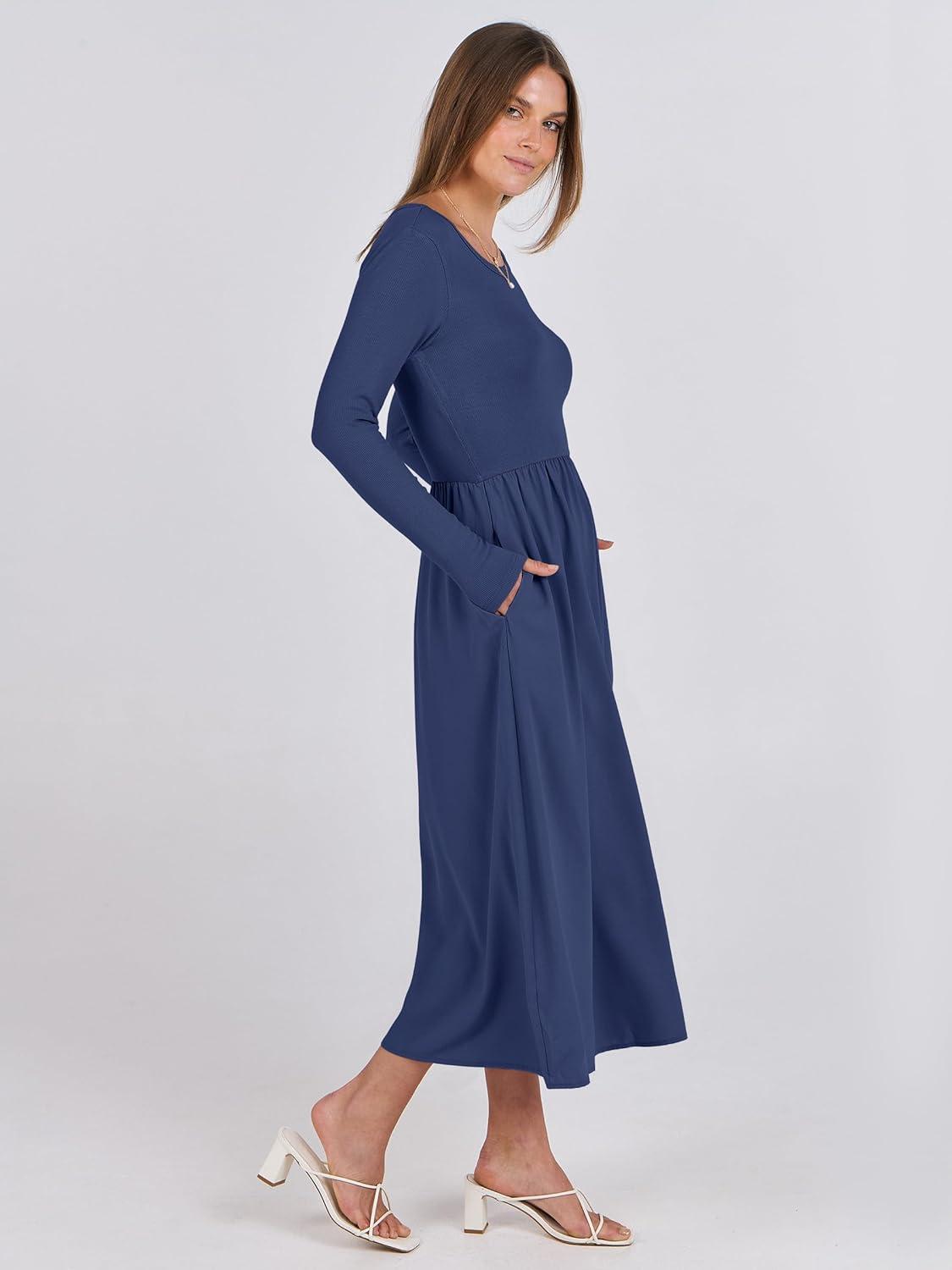 imageANRABESS Long Sleeve Midi Dresses for Women 2025 Fall Fashion Casual Rib Knit Patchwork Tight Top Modest Flowy Dress PocketNavy Blue