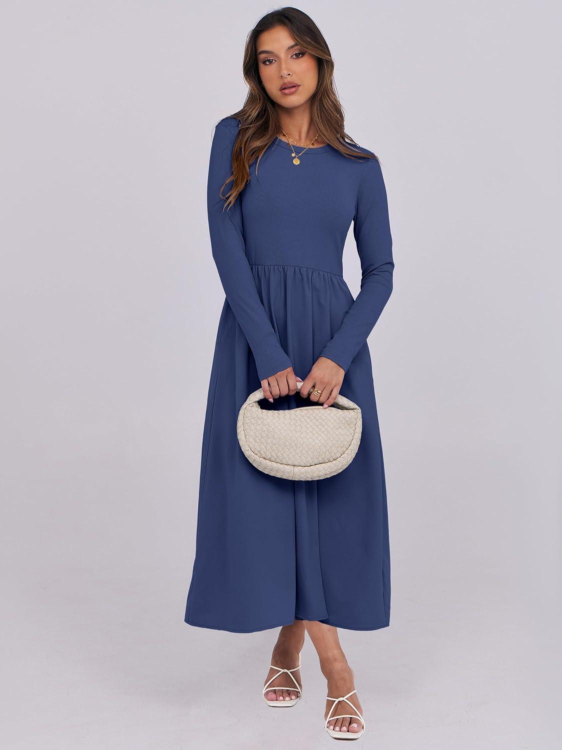 imageANRABESS Long Sleeve Midi Dresses for Women 2025 Fall Fashion Casual Rib Knit Patchwork Tight Top Modest Flowy Dress PocketNavy Blue