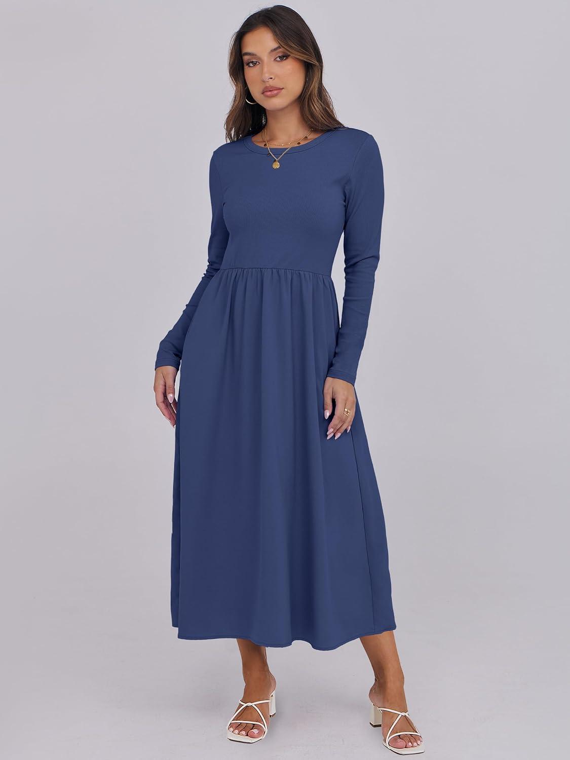 imageANRABESS Long Sleeve Midi Dresses for Women 2025 Fall Fashion Casual Rib Knit Patchwork Tight Top Modest Flowy Dress PocketNavy Blue