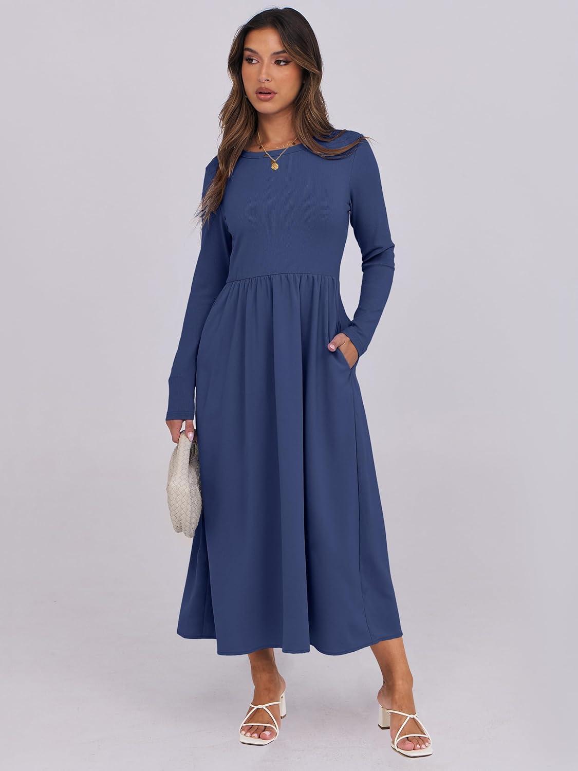 imageANRABESS Long Sleeve Midi Dresses for Women 2025 Fall Fashion Casual Rib Knit Patchwork Tight Top Modest Flowy Dress PocketNavy Blue