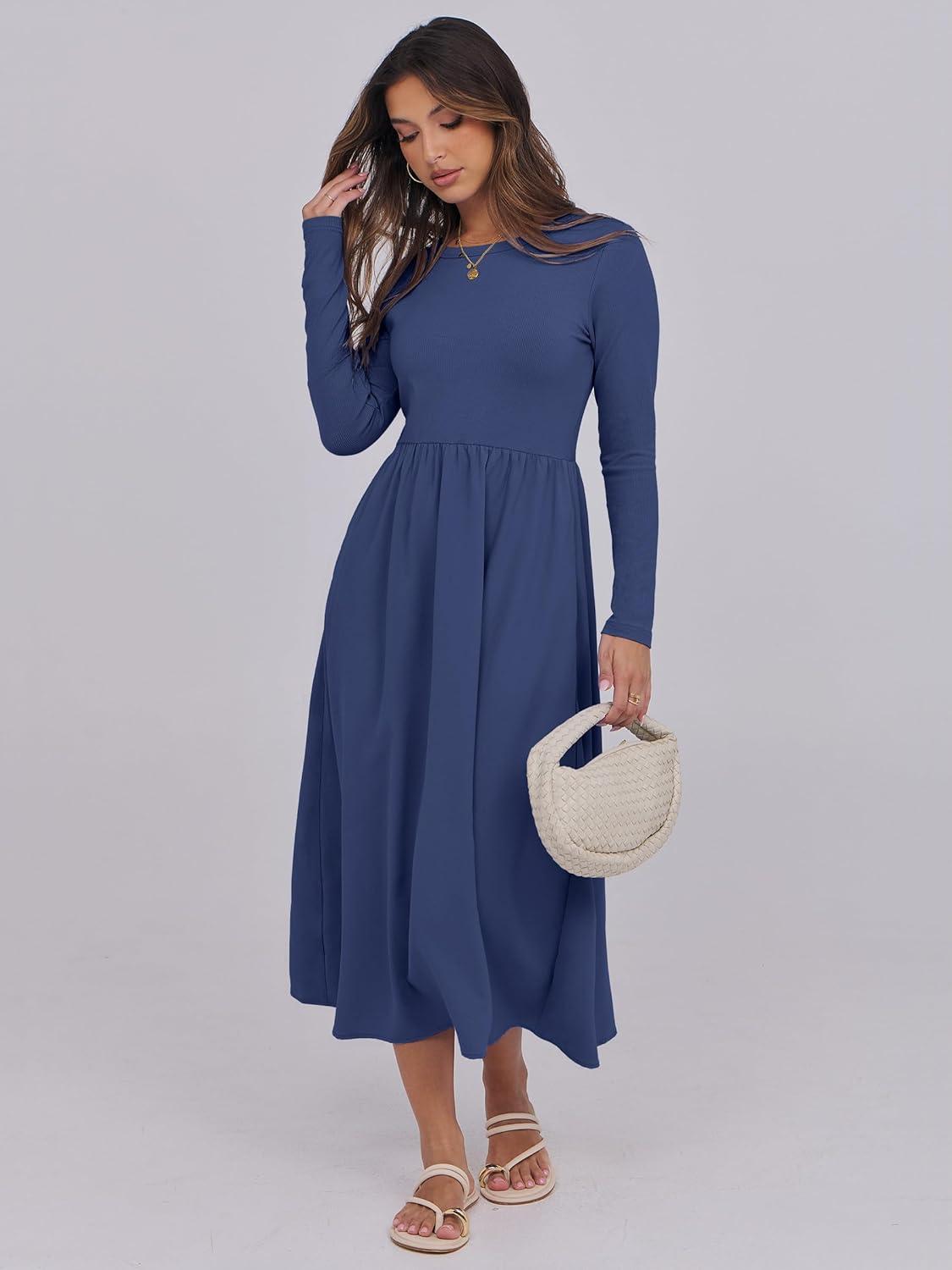 imageANRABESS Long Sleeve Midi Dresses for Women 2025 Fall Fashion Casual Rib Knit Patchwork Tight Top Modest Flowy Dress PocketNavy Blue