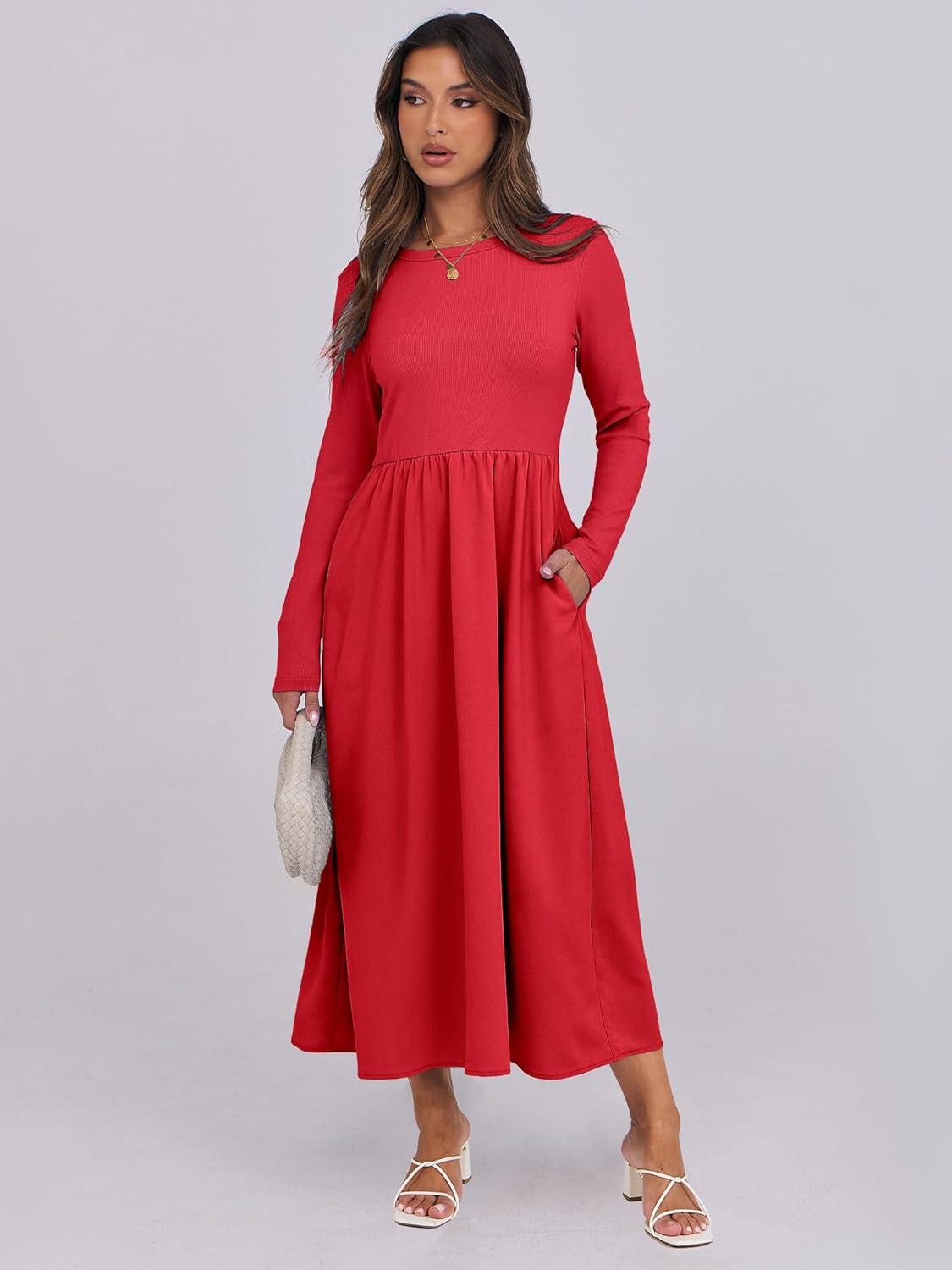 imageANRABESS Long Sleeve Midi Dresses for Women 2025 Fall Fashion Casual Rib Knit Patchwork Tight Top Modest Flowy Dress PocketRed