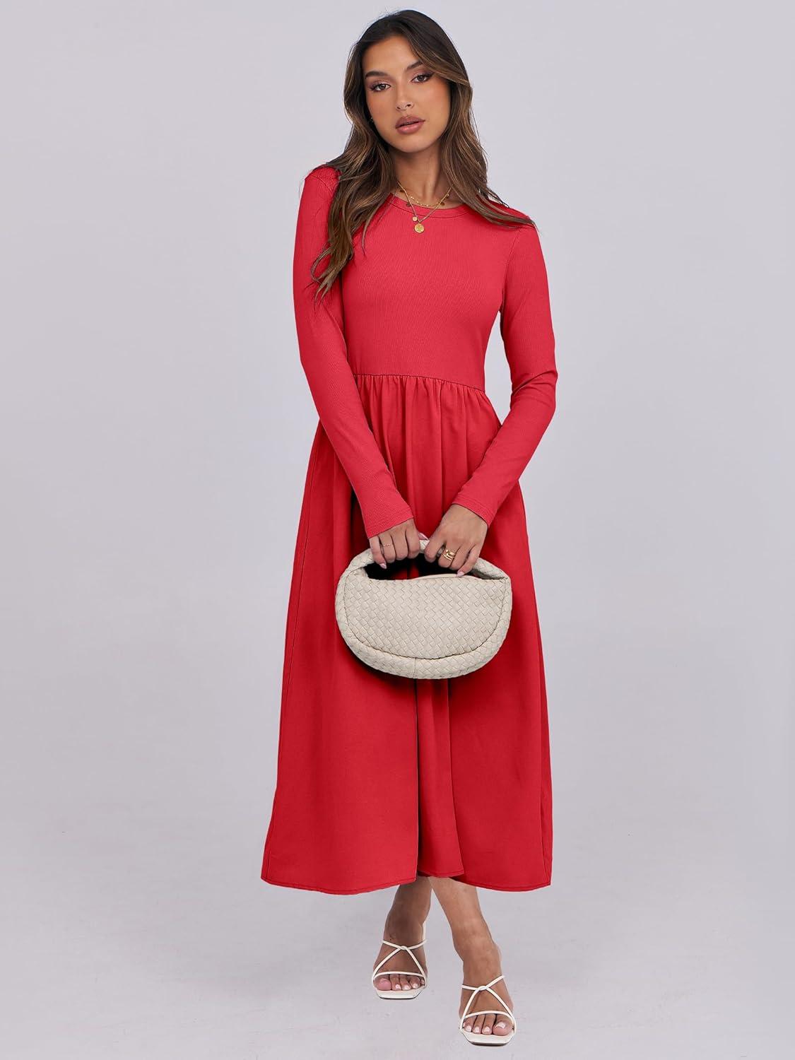 imageANRABESS Long Sleeve Midi Dresses for Women 2025 Fall Fashion Casual Rib Knit Patchwork Tight Top Modest Flowy Dress PocketRed