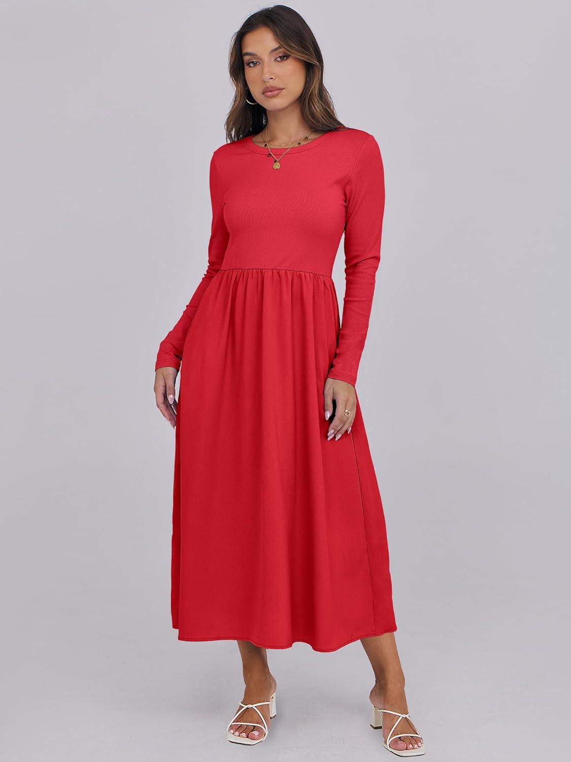 imageANRABESS Long Sleeve Midi Dresses for Women 2025 Fall Fashion Casual Rib Knit Patchwork Tight Top Modest Flowy Dress PocketRed
