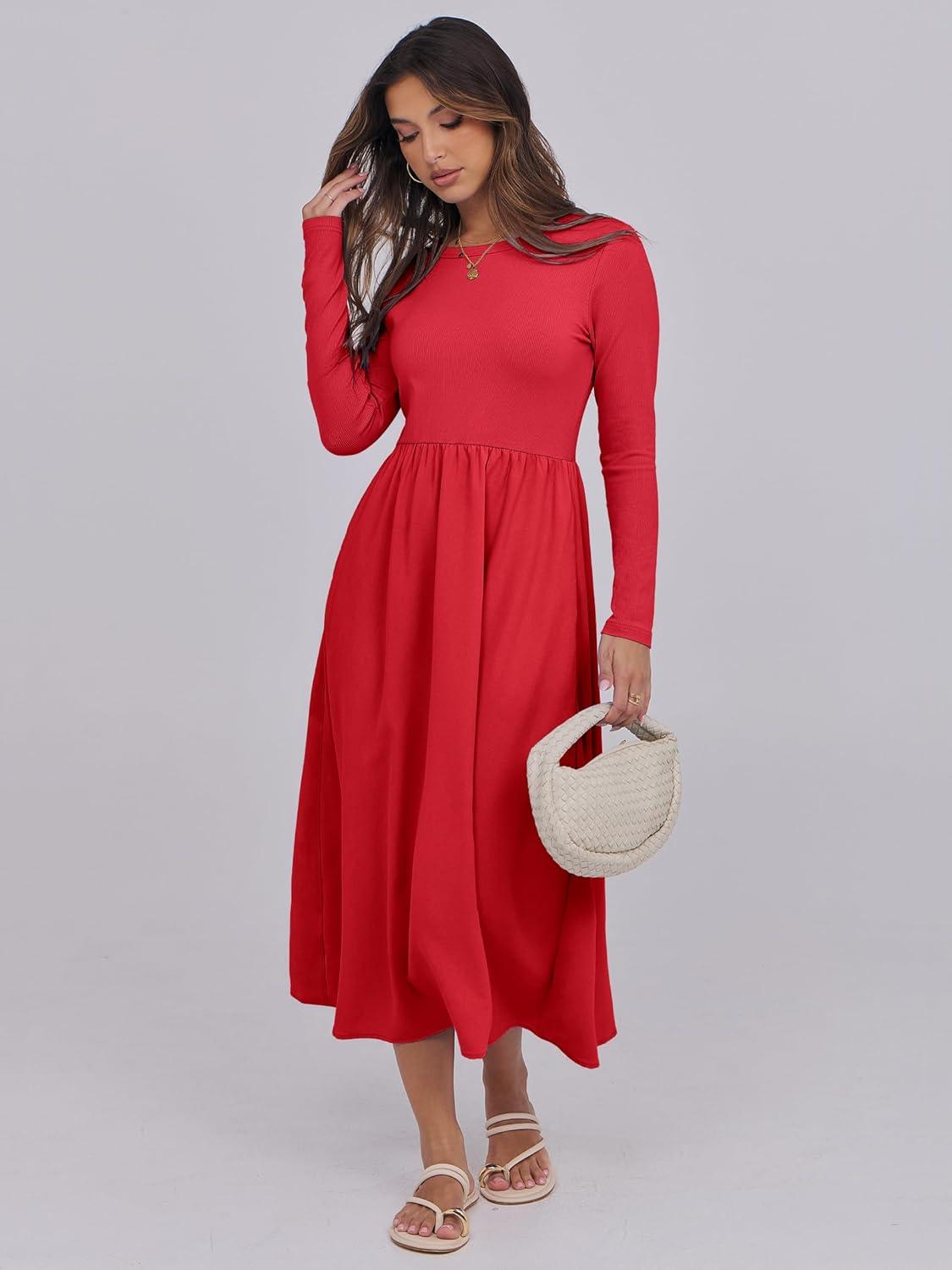 imageANRABESS Long Sleeve Midi Dresses for Women 2025 Fall Fashion Casual Rib Knit Patchwork Tight Top Modest Flowy Dress PocketRed