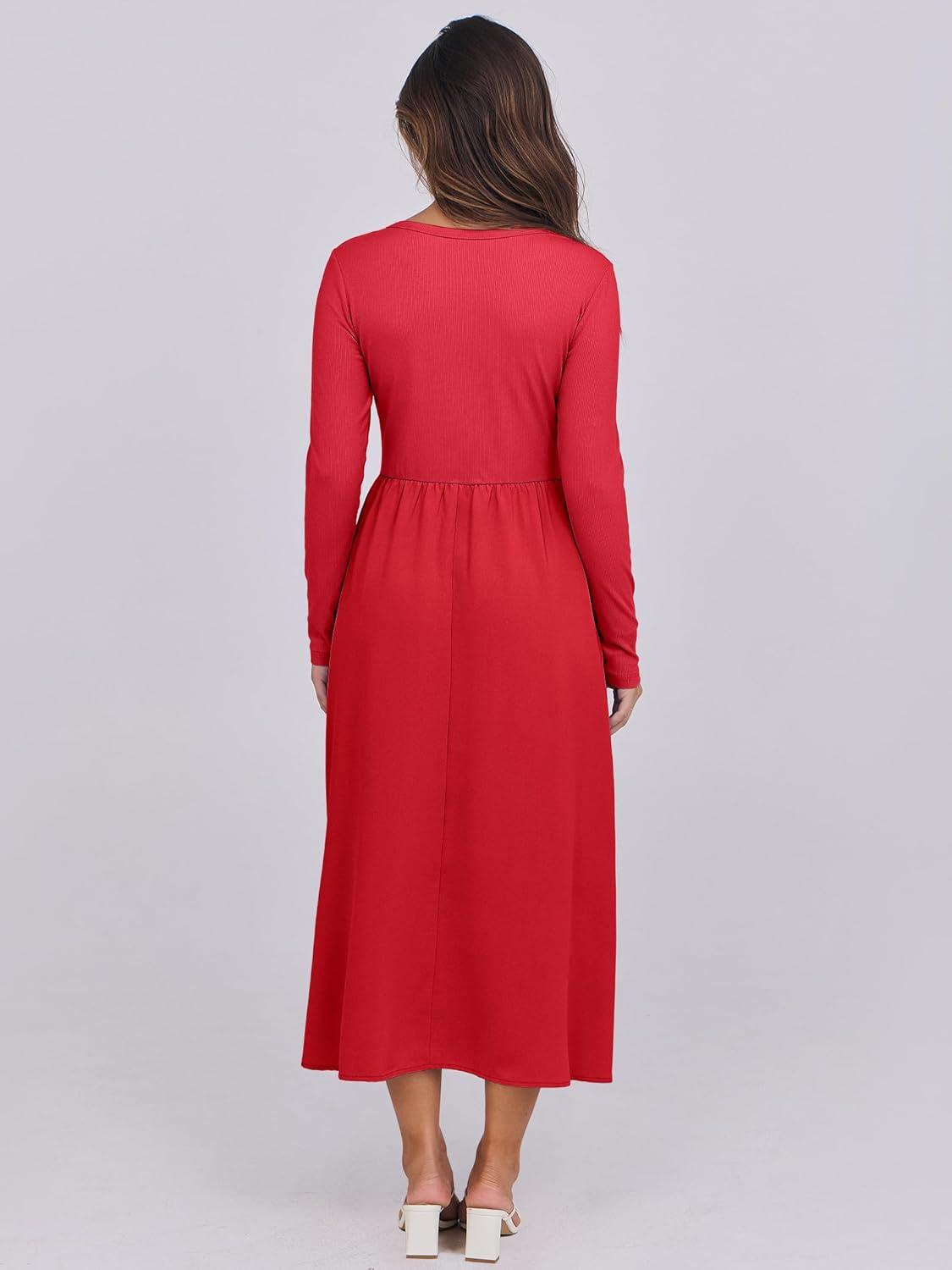 imageANRABESS Long Sleeve Midi Dresses for Women 2025 Fall Fashion Casual Rib Knit Patchwork Tight Top Modest Flowy Dress PocketRed