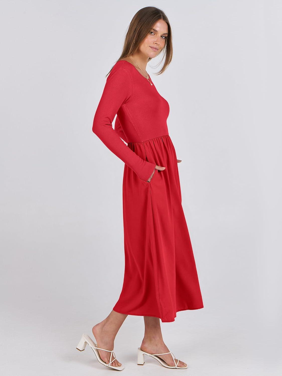 imageANRABESS Long Sleeve Midi Dresses for Women 2025 Fall Fashion Casual Rib Knit Patchwork Tight Top Modest Flowy Dress PocketRed