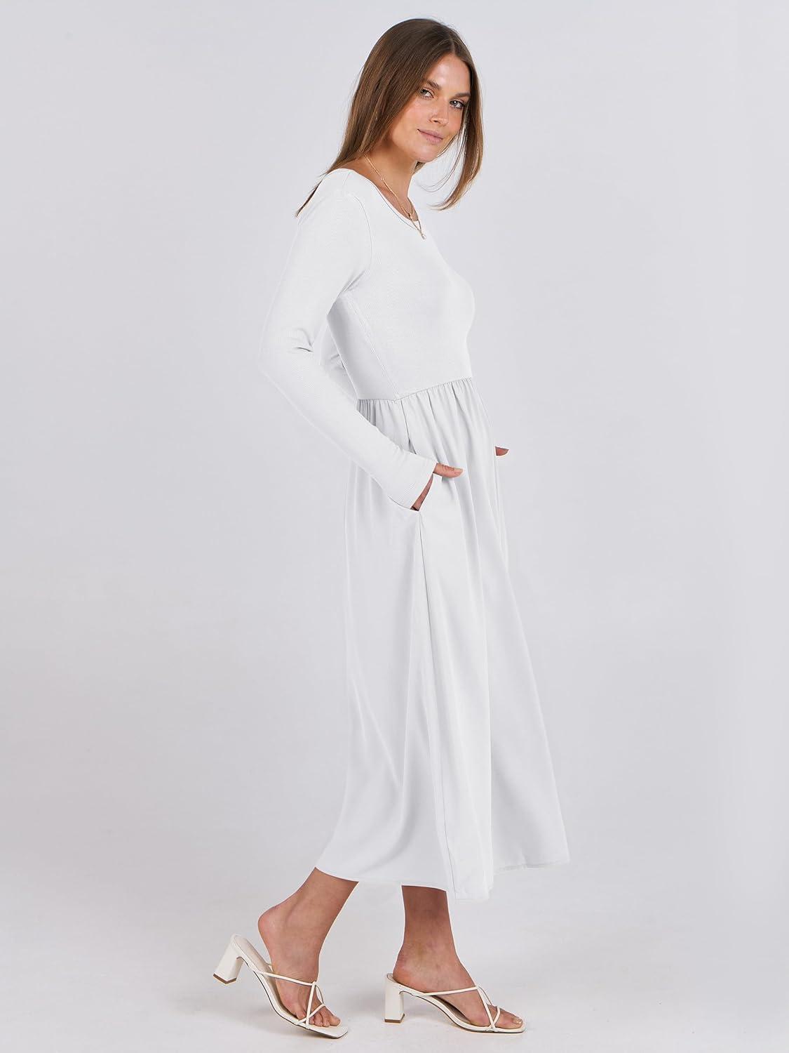 imageANRABESS Long Sleeve Midi Dresses for Women 2025 Fall Fashion Casual Rib Knit Patchwork Tight Top Modest Flowy Dress PocketWhite