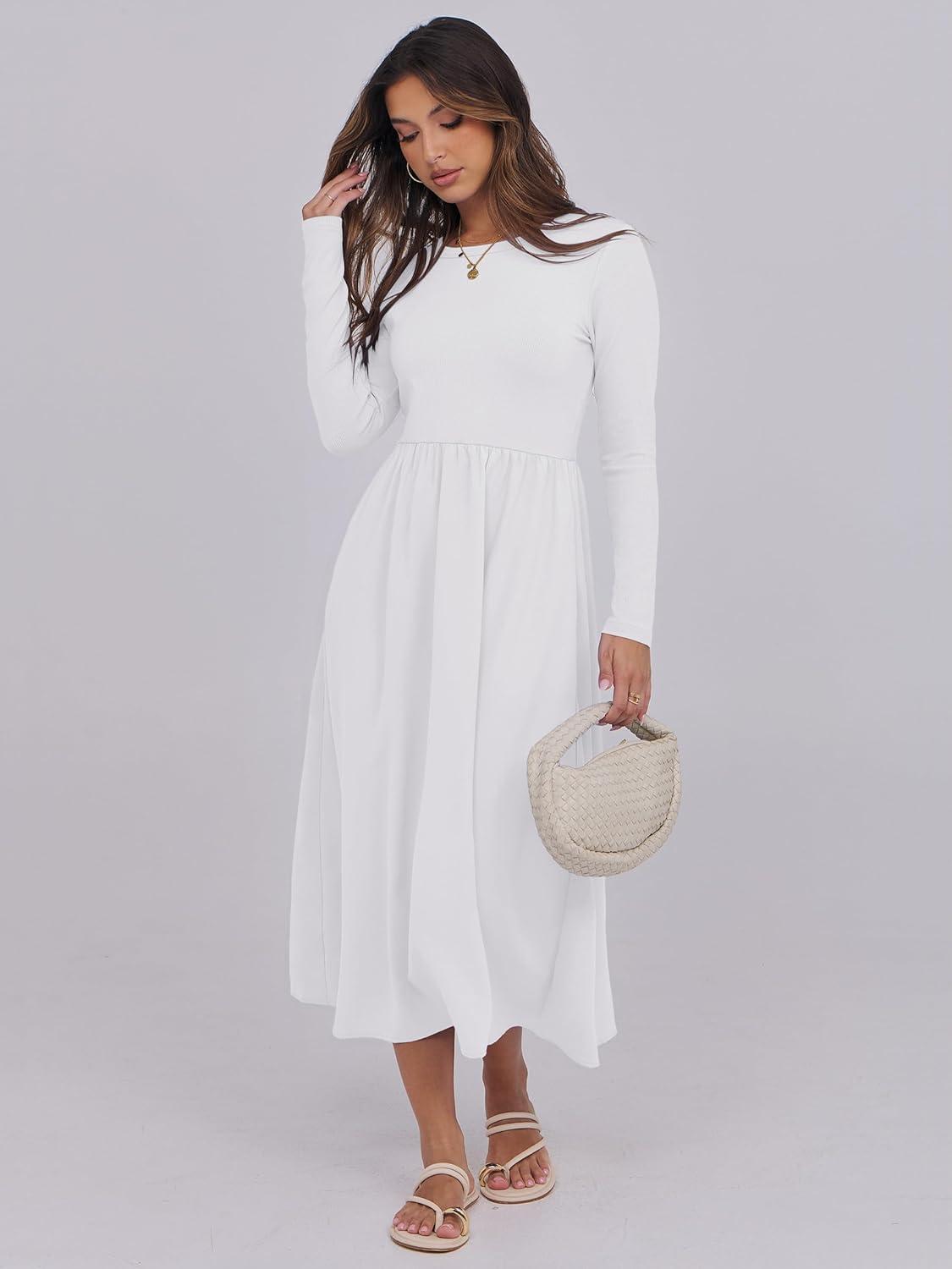 imageANRABESS Long Sleeve Midi Dresses for Women 2025 Fall Fashion Casual Rib Knit Patchwork Tight Top Modest Flowy Dress PocketWhite