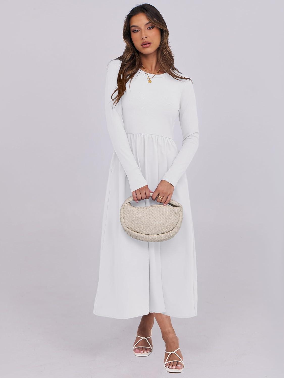 imageANRABESS Long Sleeve Midi Dresses for Women 2025 Fall Fashion Casual Rib Knit Patchwork Tight Top Modest Flowy Dress PocketWhite