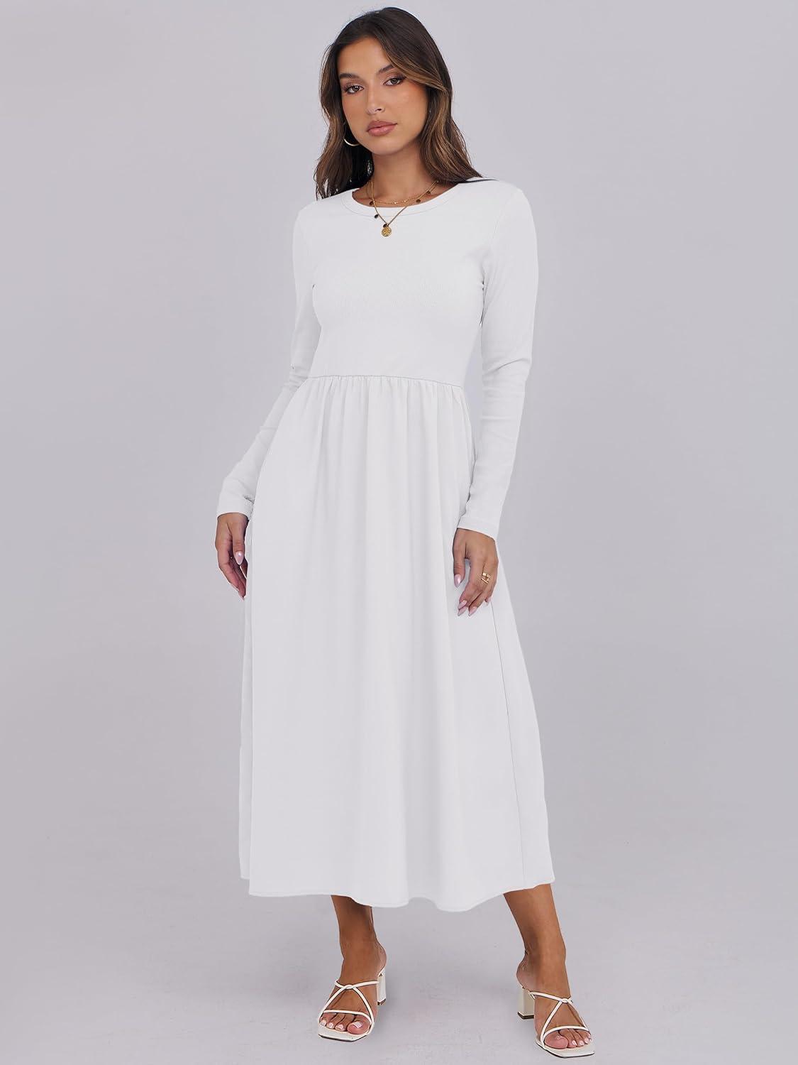 imageANRABESS Long Sleeve Midi Dresses for Women 2025 Fall Fashion Casual Rib Knit Patchwork Tight Top Modest Flowy Dress PocketWhite