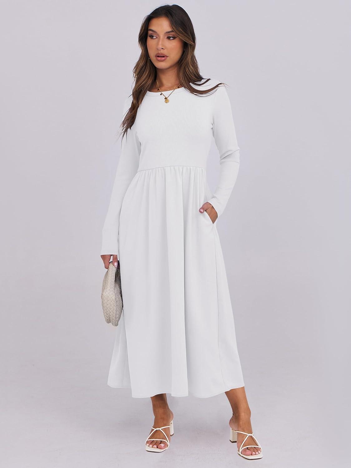 imageANRABESS Long Sleeve Midi Dresses for Women 2025 Fall Fashion Casual Rib Knit Patchwork Tight Top Modest Flowy Dress PocketWhite