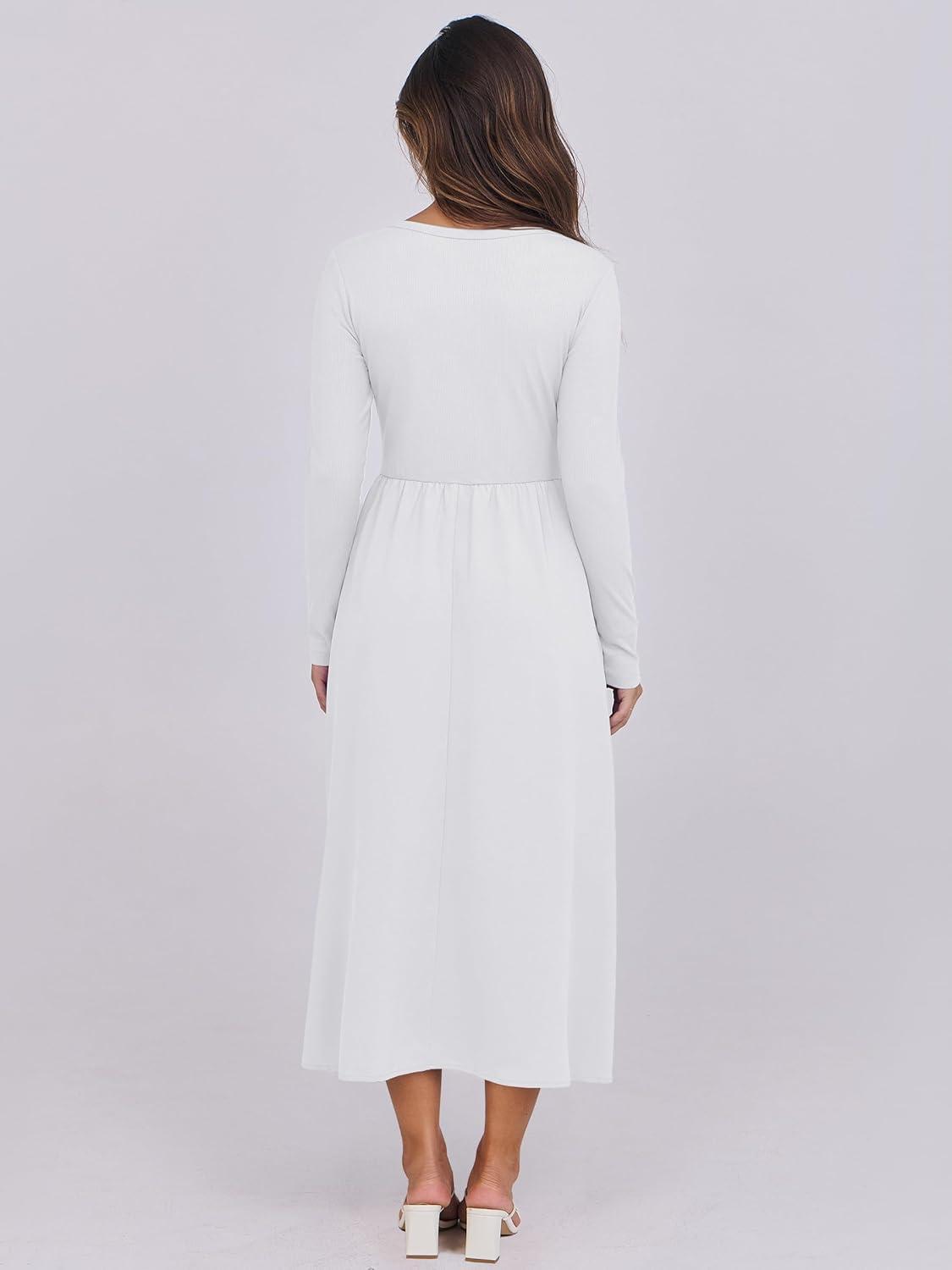 imageANRABESS Long Sleeve Midi Dresses for Women 2025 Fall Fashion Casual Rib Knit Patchwork Tight Top Modest Flowy Dress PocketWhite