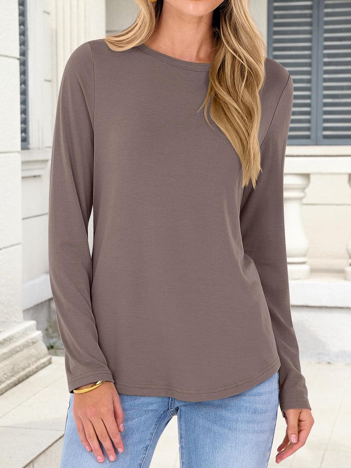 imageANRABESS Long Sleeve Shirts for Women Casual Crewneck Basic Tee Tshirts Loose Fit Curved Hem Tunic Top 2025 Fall OutfitsBrown