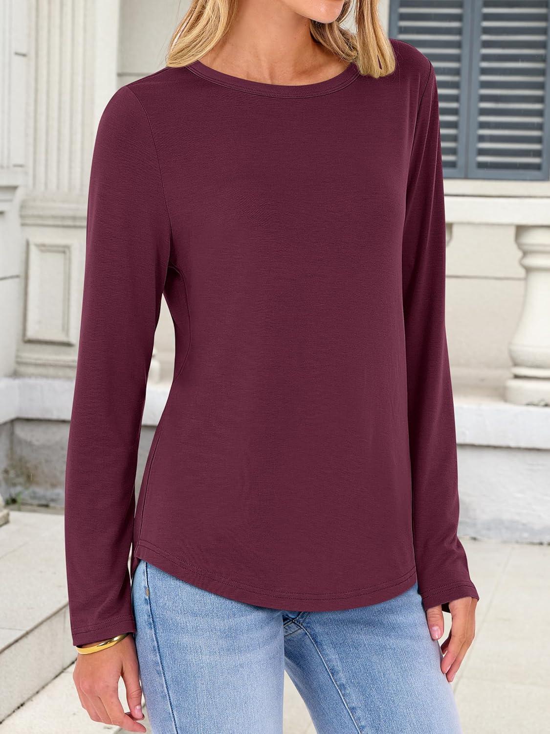 imageANRABESS Long Sleeve Shirts for Women Casual Crewneck Basic Tee Tshirts Loose Fit Curved Hem Tunic Top 2025 Fall OutfitsWine Rad