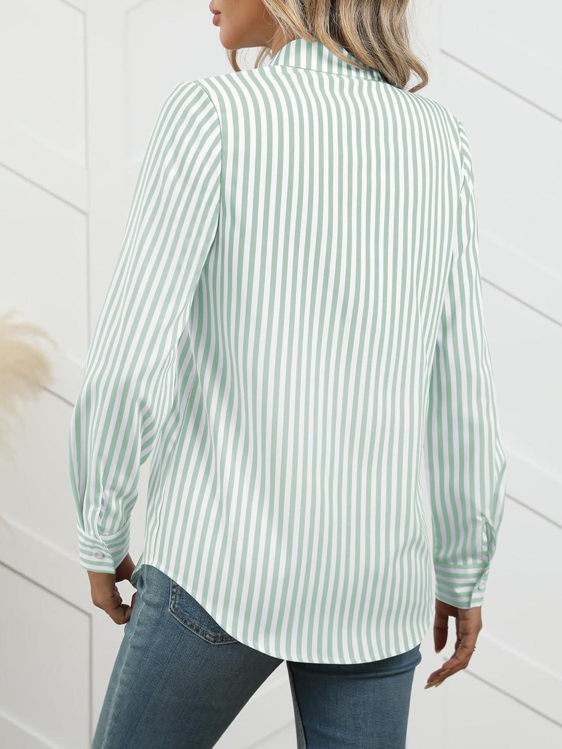 imageANRABESS Long Sleeve Striped Shirts for Women Fall Button Down Cute Tops 2025 V Neck Businese Casual Blouses with PocketsGreen Striped