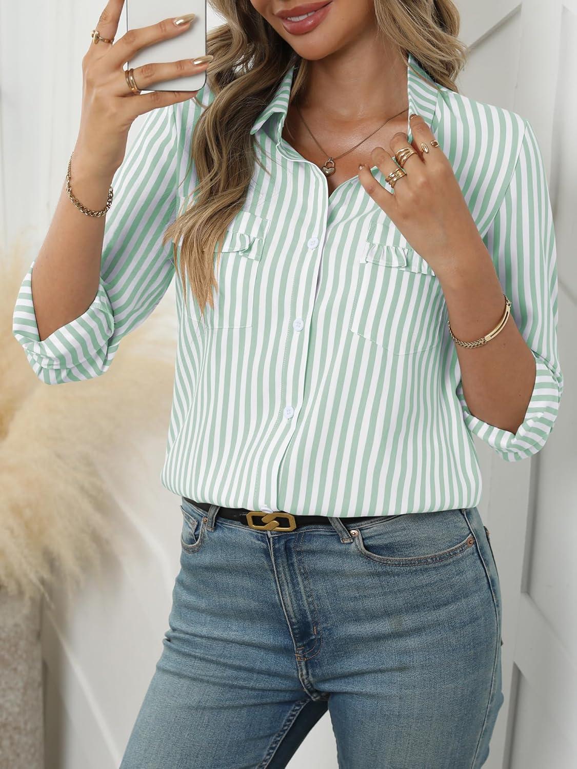 imageANRABESS Long Sleeve Striped Shirts for Women Fall Button Down Cute Tops 2025 V Neck Businese Casual Blouses with PocketsGreen Striped