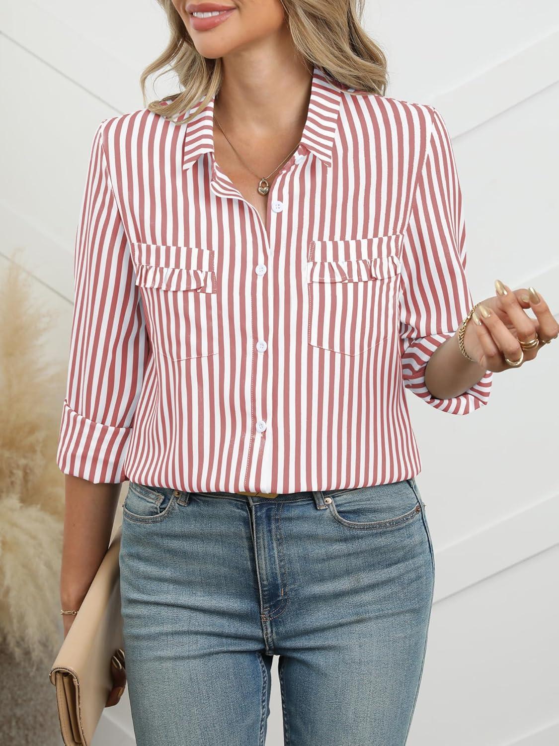 imageANRABESS Long Sleeve Striped Shirts for Women Fall Button Down Cute Tops 2025 V Neck Businese Casual Blouses with PocketsRed Striped