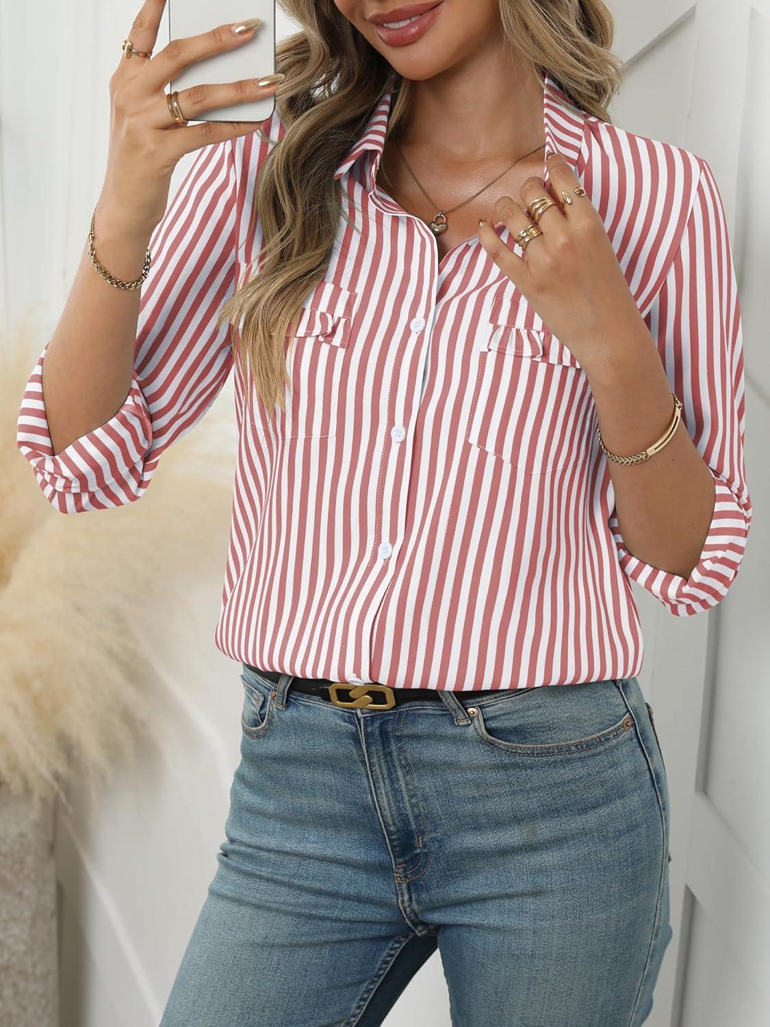 imageANRABESS Long Sleeve Striped Shirts for Women Fall Button Down Cute Tops 2025 V Neck Businese Casual Blouses with PocketsRed Striped