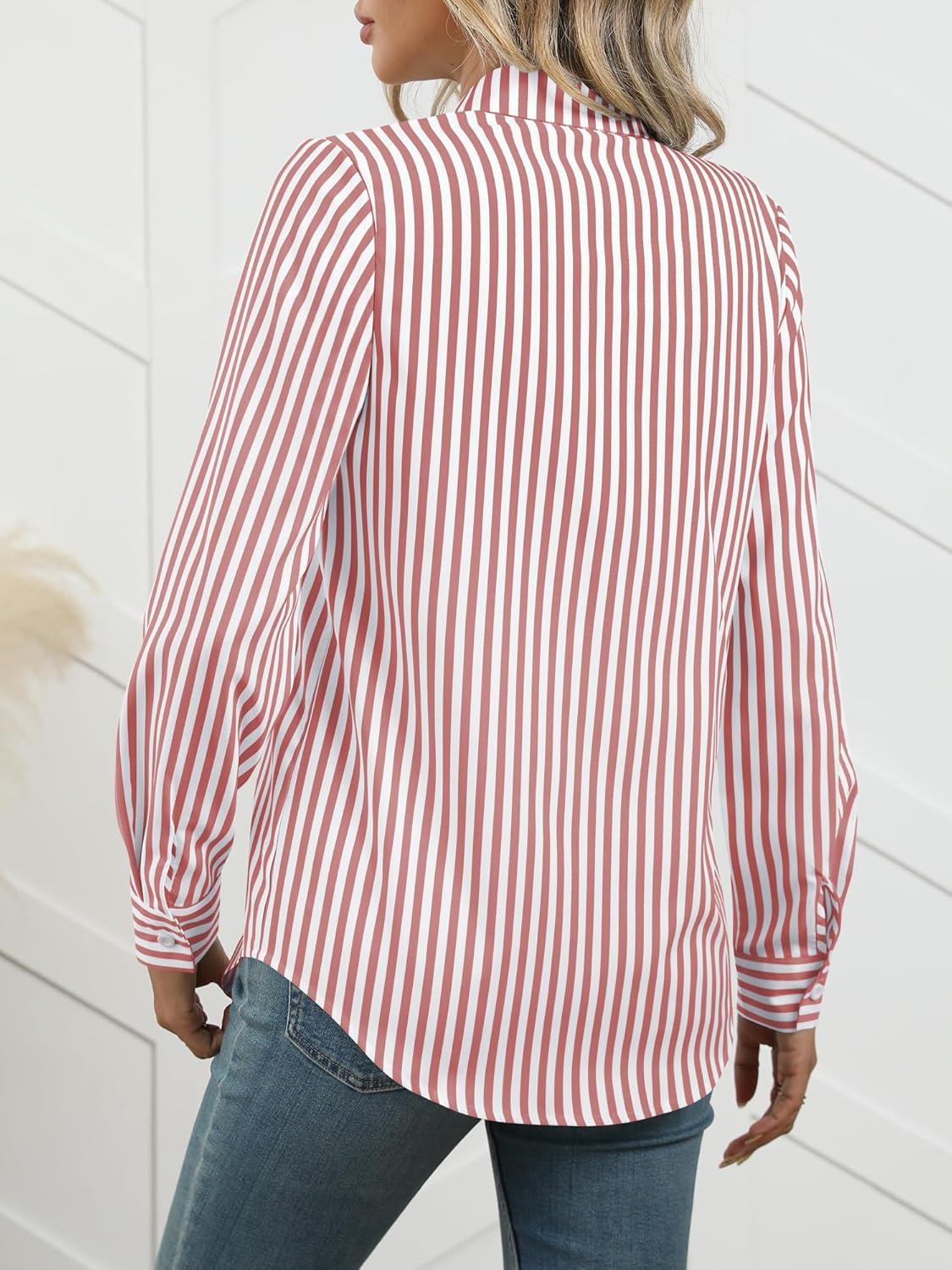 imageANRABESS Long Sleeve Striped Shirts for Women Fall Button Down Cute Tops 2025 V Neck Businese Casual Blouses with PocketsRed Striped