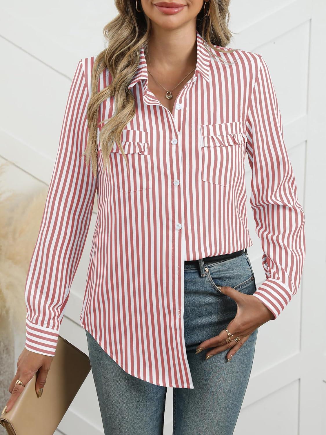 imageANRABESS Long Sleeve Striped Shirts for Women Fall Button Down Cute Tops 2025 V Neck Businese Casual Blouses with PocketsRed Striped