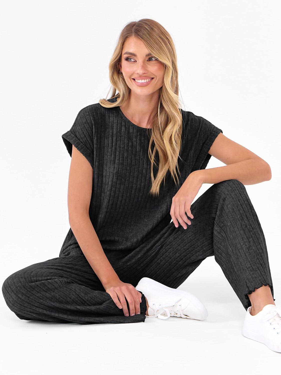 imageANRABESS Lounge Sets For Women Fall Ribbed Knit 2 Piece Pajama Sets Casual Short Sleeve Top and Long Pants Matching OutfitsBlack