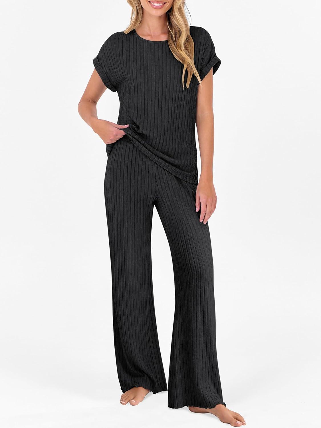 imageANRABESS Lounge Sets For Women Fall Ribbed Knit 2 Piece Pajama Sets Casual Short Sleeve Top and Long Pants Matching OutfitsBlack