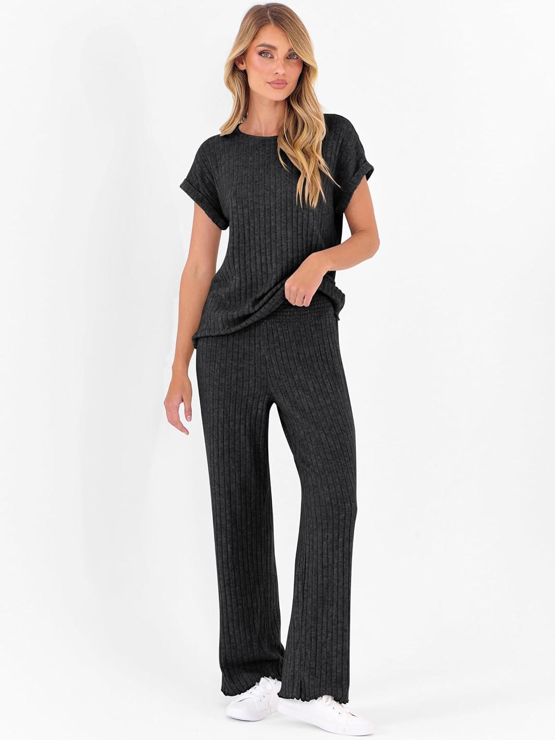 imageANRABESS Lounge Sets For Women Fall Ribbed Knit 2 Piece Pajama Sets Casual Short Sleeve Top and Long Pants Matching OutfitsBlack