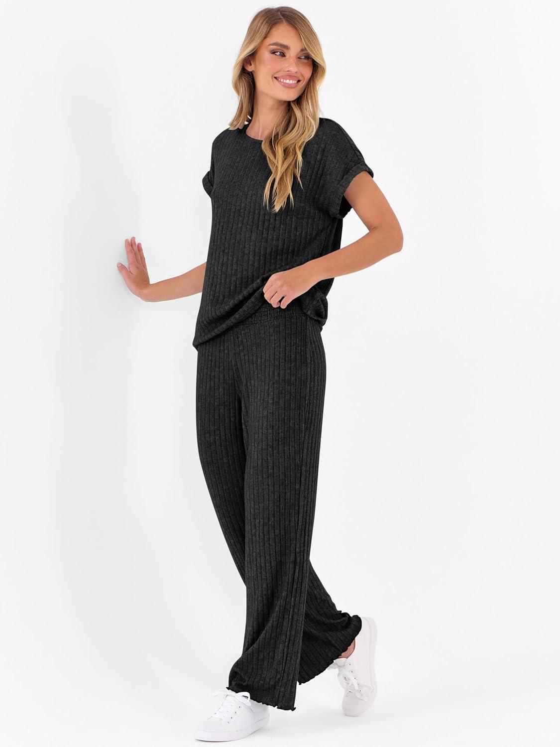 imageANRABESS Lounge Sets For Women Fall Ribbed Knit 2 Piece Pajama Sets Casual Short Sleeve Top and Long Pants Matching OutfitsBlack