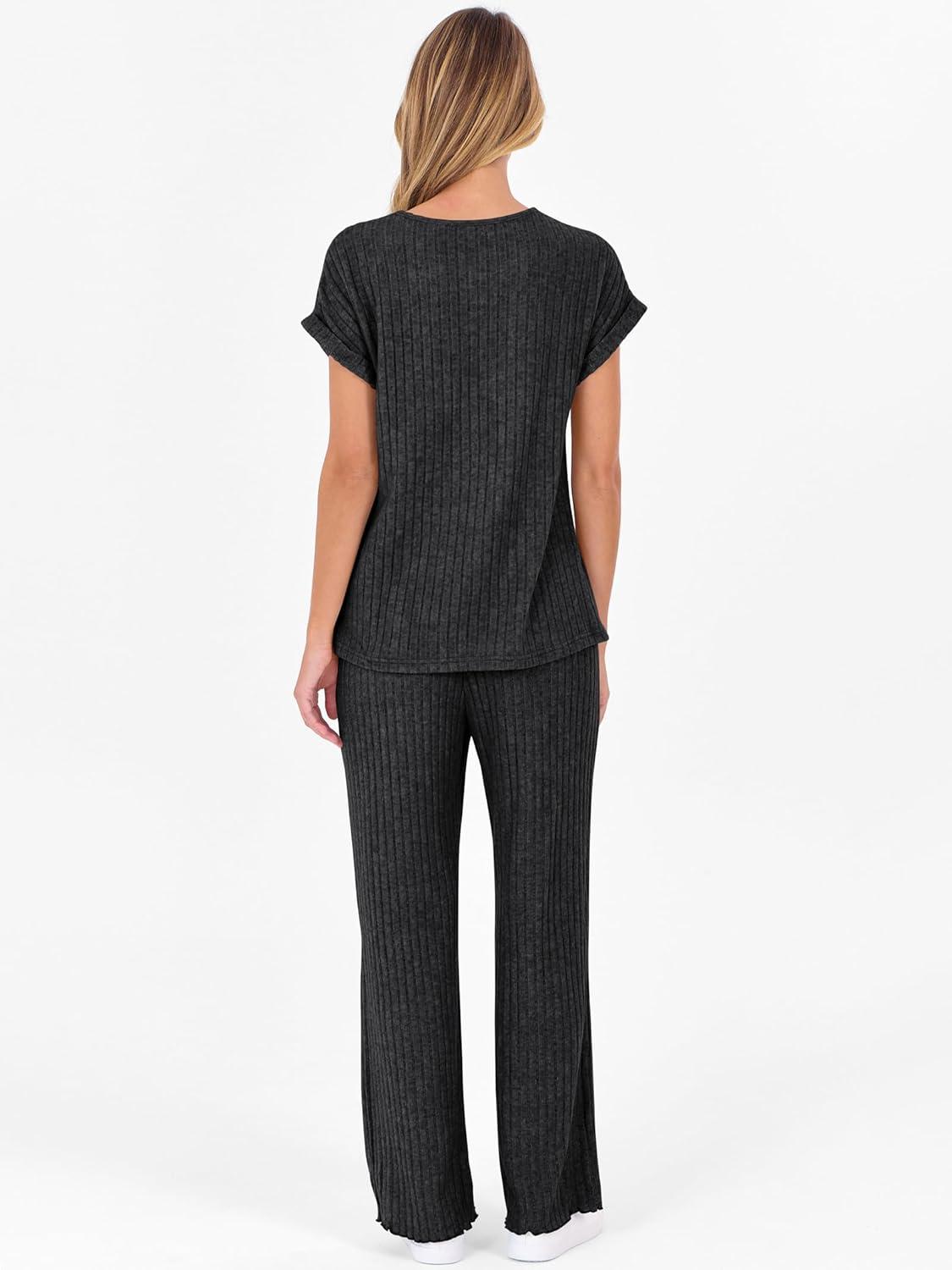 imageANRABESS Lounge Sets For Women Fall Ribbed Knit 2 Piece Pajama Sets Casual Short Sleeve Top and Long Pants Matching OutfitsBlack
