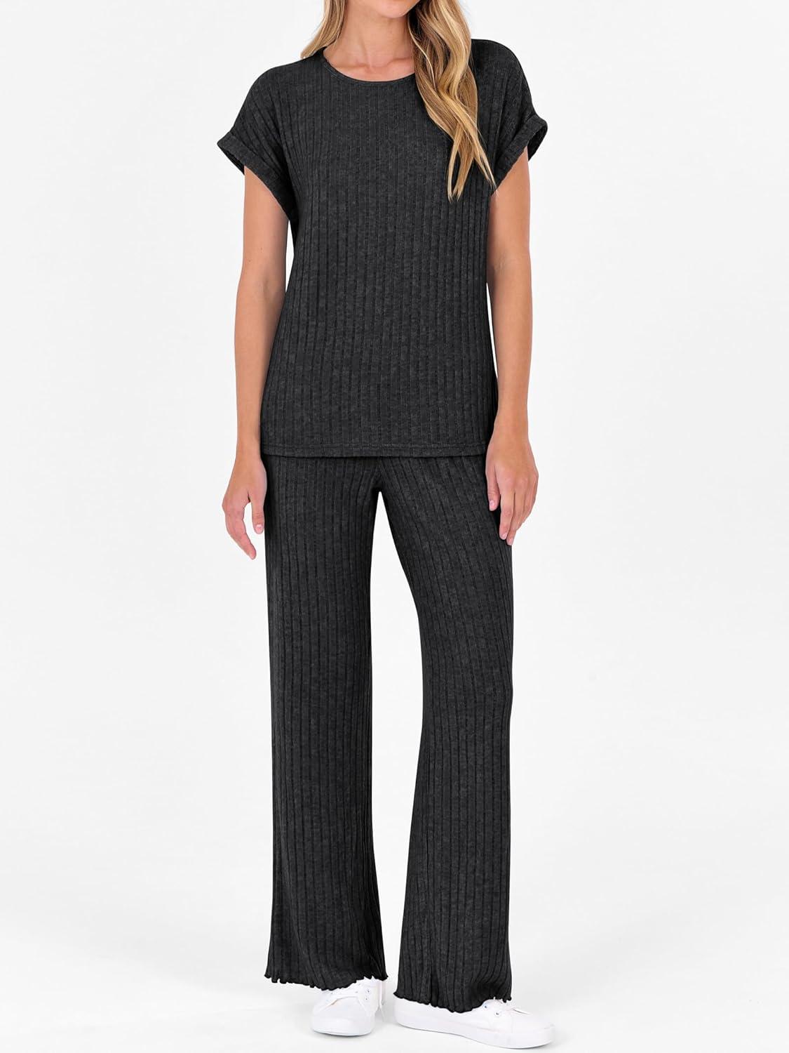 imageANRABESS Lounge Sets For Women Fall Ribbed Knit 2 Piece Pajama Sets Casual Short Sleeve Top and Long Pants Matching OutfitsBlack