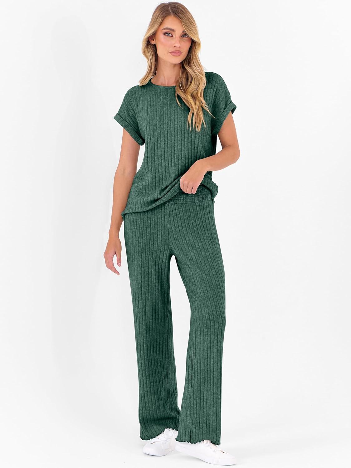 imageANRABESS Lounge Sets For Women Fall Ribbed Knit 2 Piece Pajama Sets Casual Short Sleeve Top and Long Pants Matching OutfitsGreen
