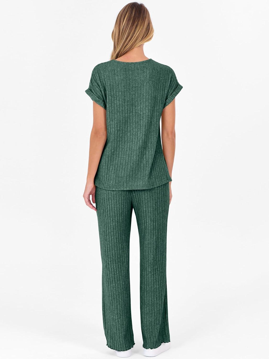 imageANRABESS Lounge Sets For Women Fall Ribbed Knit 2 Piece Pajama Sets Casual Short Sleeve Top and Long Pants Matching OutfitsGreen