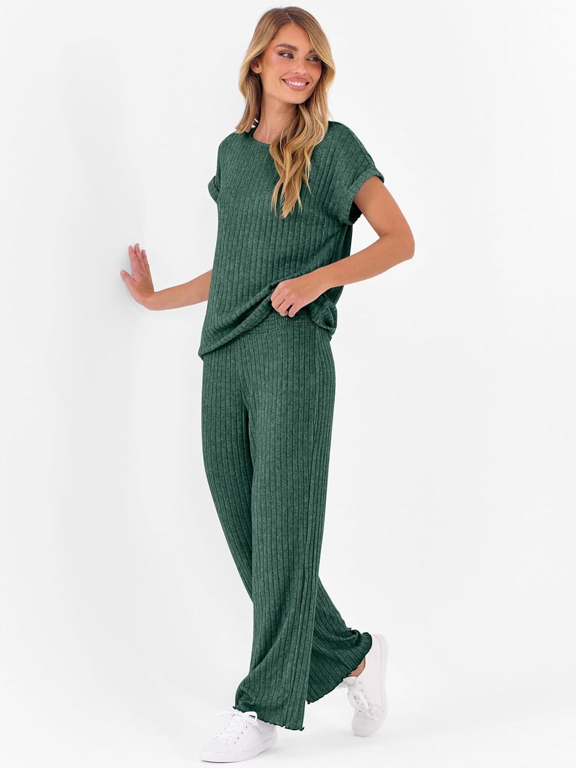 imageANRABESS Lounge Sets For Women Fall Ribbed Knit 2 Piece Pajama Sets Casual Short Sleeve Top and Long Pants Matching OutfitsGreen