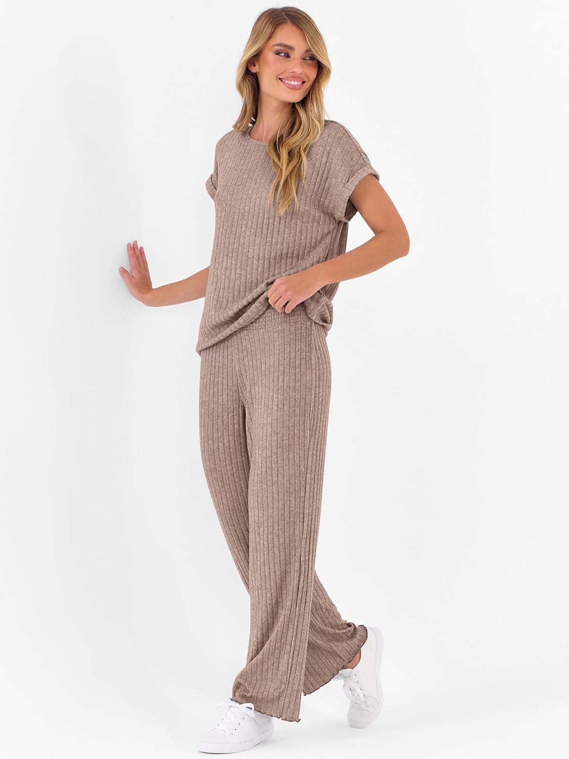 imageANRABESS Lounge Sets For Women Fall Ribbed Knit 2 Piece Pajama Sets Casual Short Sleeve Top and Long Pants Matching OutfitsTan Khaki