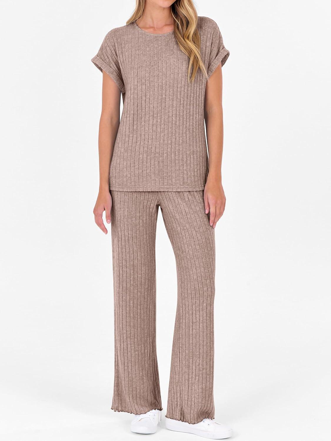 imageANRABESS Lounge Sets For Women Fall Ribbed Knit 2 Piece Pajama Sets Casual Short Sleeve Top and Long Pants Matching OutfitsTan Khaki