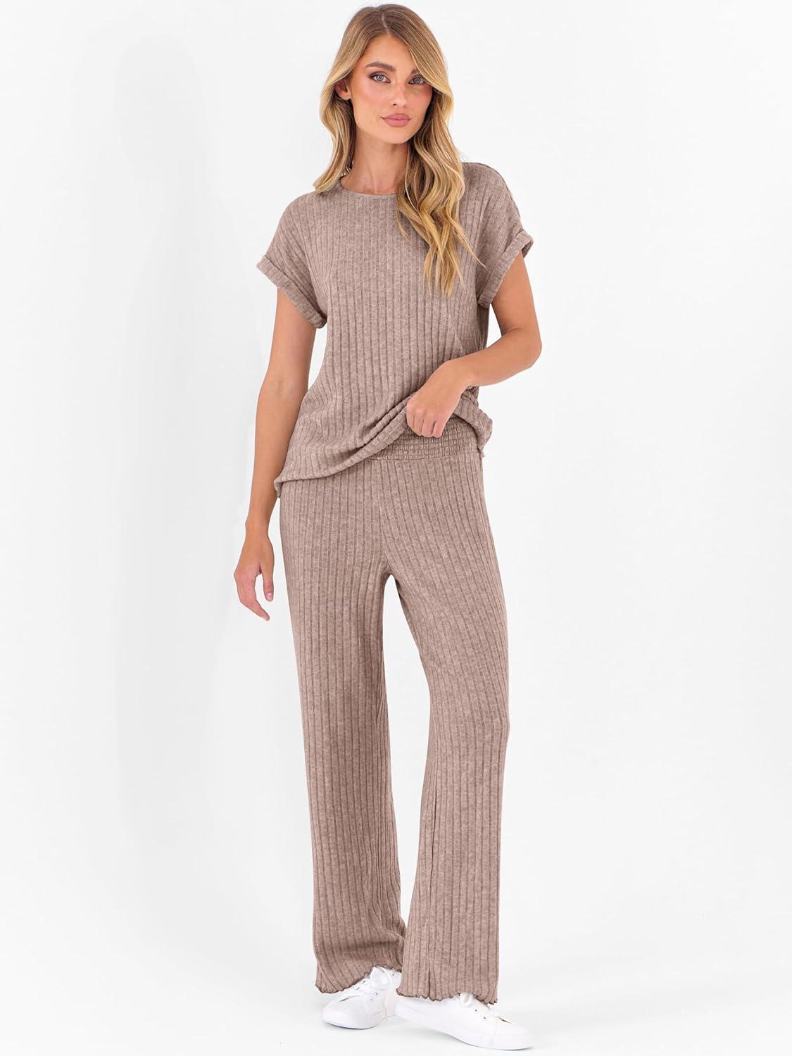 imageANRABESS Lounge Sets For Women Fall Ribbed Knit 2 Piece Pajama Sets Casual Short Sleeve Top and Long Pants Matching OutfitsTan Khaki