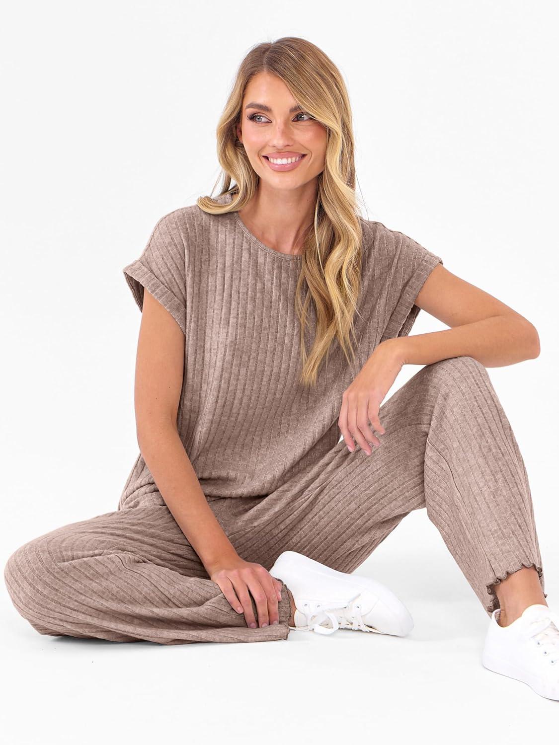 imageANRABESS Lounge Sets For Women Fall Ribbed Knit 2 Piece Pajama Sets Casual Short Sleeve Top and Long Pants Matching OutfitsTan Khaki