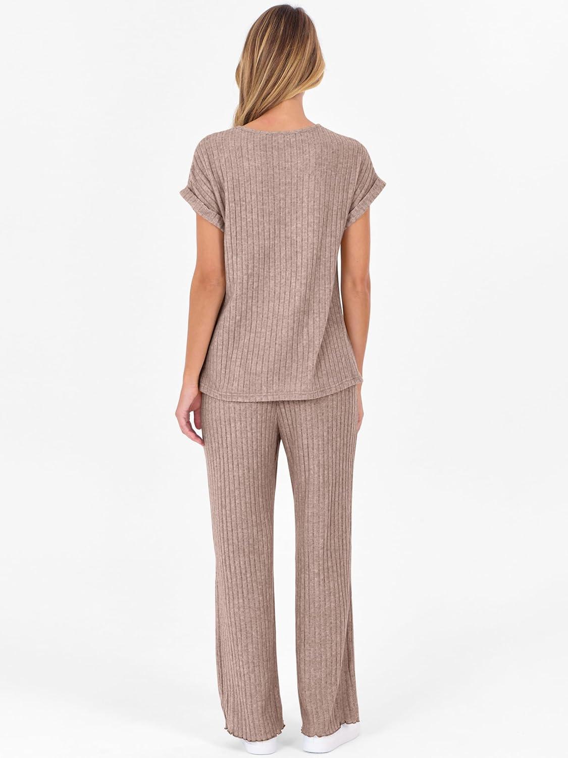 imageANRABESS Lounge Sets For Women Fall Ribbed Knit 2 Piece Pajama Sets Casual Short Sleeve Top and Long Pants Matching OutfitsTan Khaki