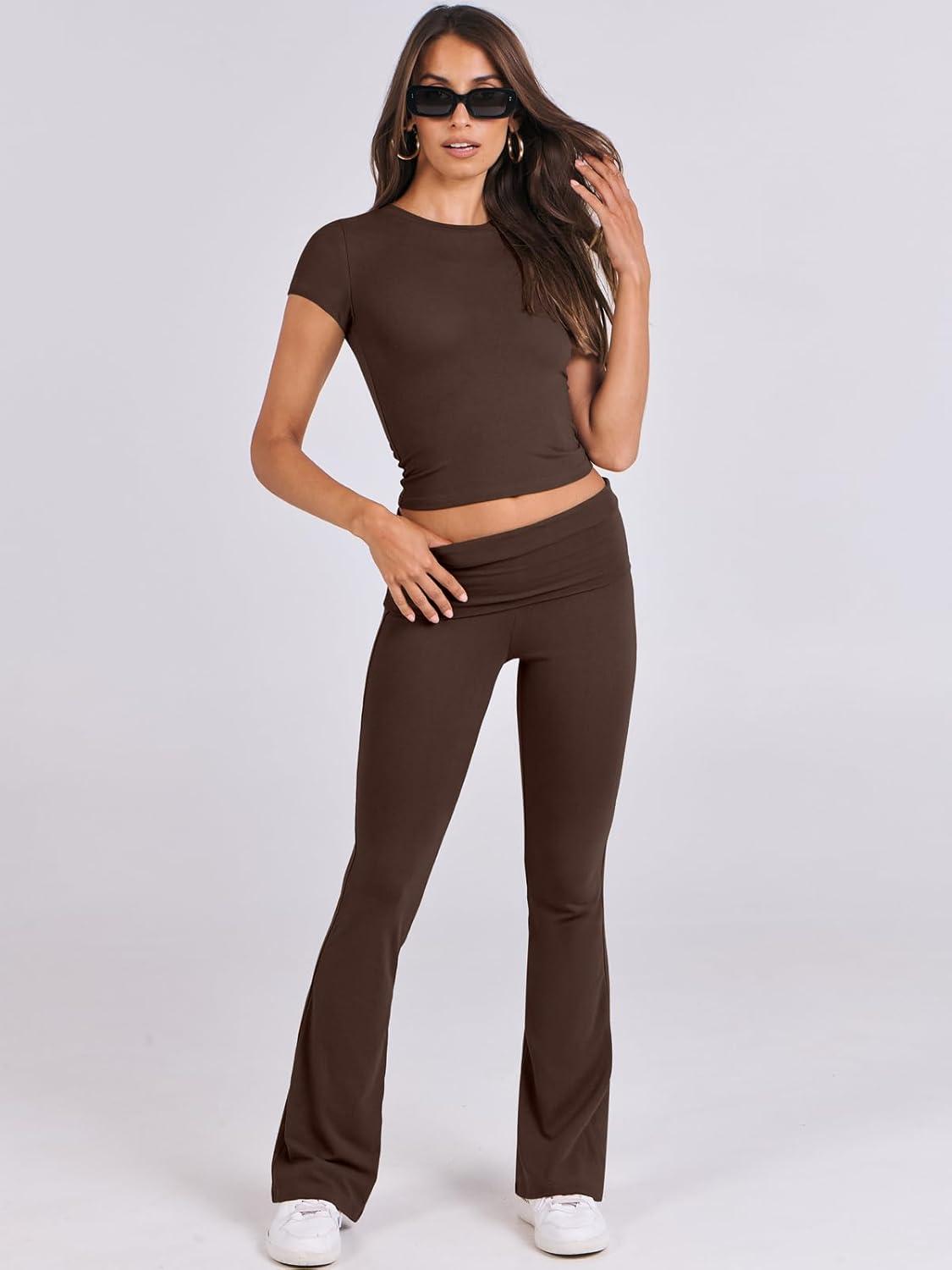 imageANRABESS Lounge Sets for Women 2 Piece Foldover Yoga Flare Leggings Pants Crop Tops Casual Y2K Outfits Matching Tracksuit SetBrown